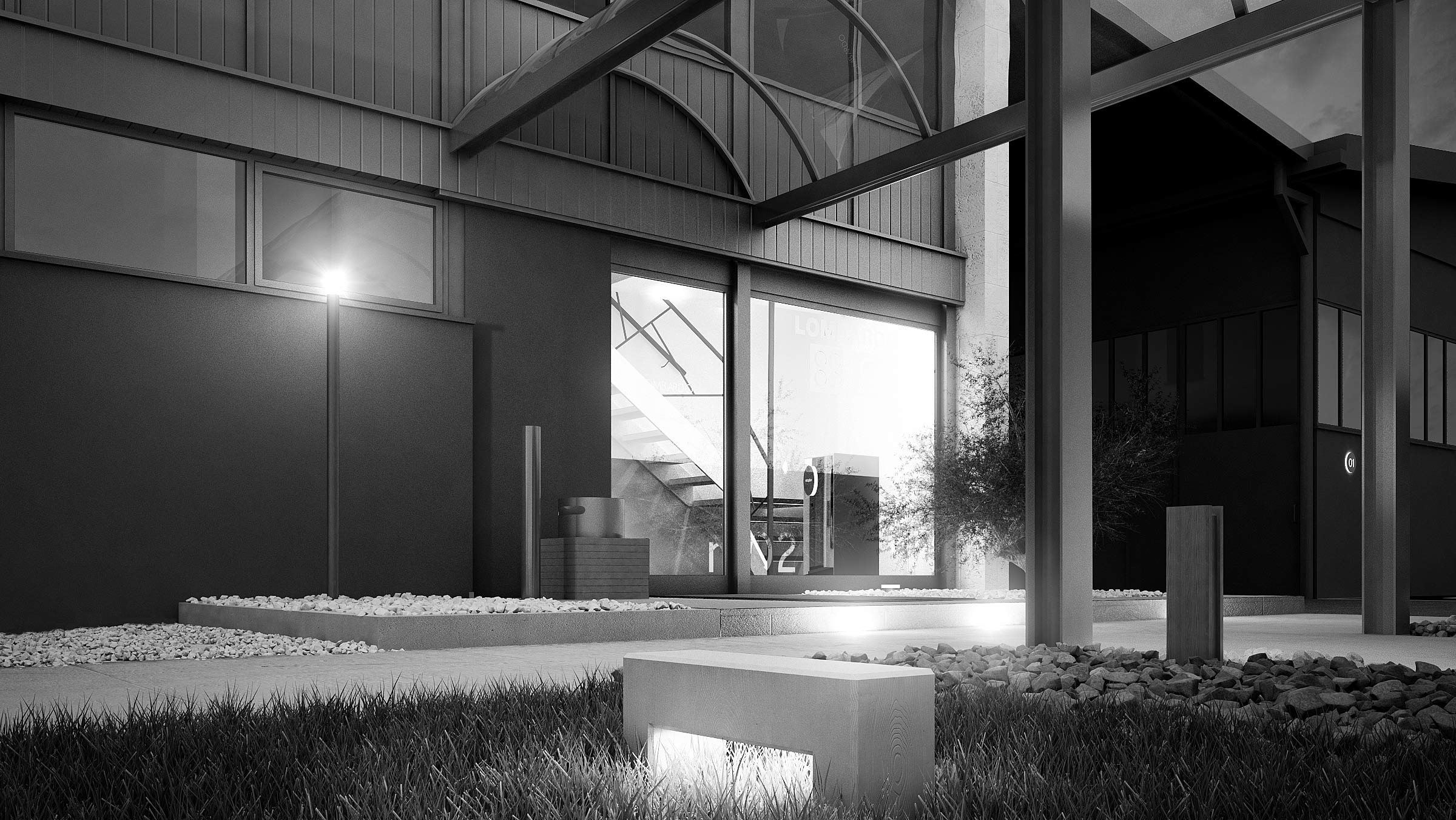 render-lombardo-bergamo-progetto-luce-illuminazione-esterno-notte-bianco-nero-light-design-grass